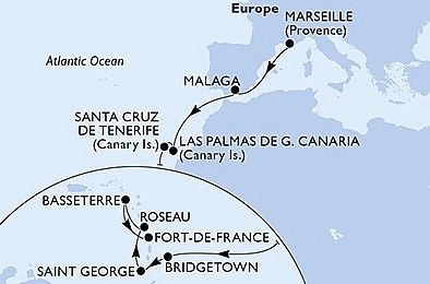 Francie, Španělsko, Barbados, Grenada, Dominika, Sv. Kryštof a Nevis, Martinik z Marseille na lodi MSC Seaside