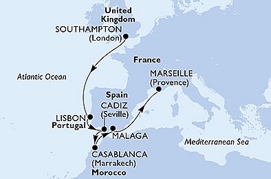 Velká Británie, Portugalsko, Španělsko, Maroko, Francie ze Southamptonu na lodi MSC Virtuosa