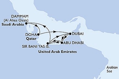 Katar, Spojené arabské emiráty, Saúdská Arábie z Dohy na lodi MSC World Europa