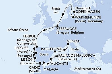 Dánsko, Německo, Belgie, Španělsko, Portugalsko, Itálie z Kodaně na lodi MSC Poesia