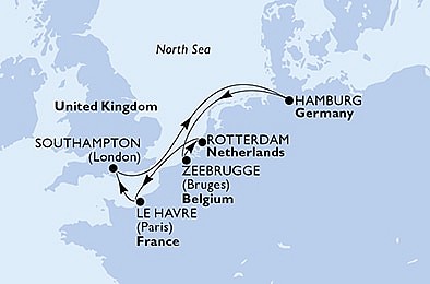 Francie, Velká Británie, Německo, Belgie, Nizozemsko z Le Havru na lodi MSC Preziosa