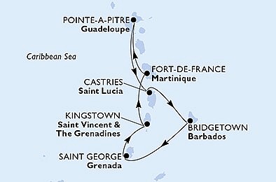 Guadeloupe, Sv. Lucie, Barbados, Grenada, Sv. Vincenc a Grenadiny, Guadeloupe na lodi MSC Seaside