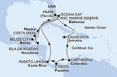 USA, Belize, Honduras, Mexiko, Bahamy, Jamajka, Kolumbie, Panama, Kostarika z Miami na lodi MSC Divina