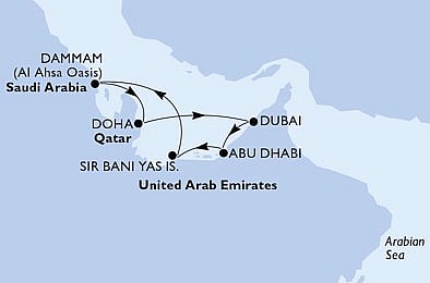 Spojené arabské emiráty, Saúdská Arábie, Katar z Dubaje na lodi MSC World Europa