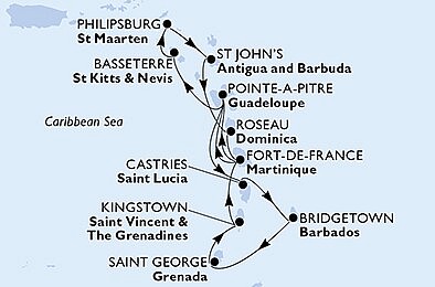 Guadeloupe, Svatý Kryštof a Nevis, Grenada, Svatý Vincenc a Grenadiny z Pointe-é-Pitre, Guadeloupe na lodi MSC Seaside