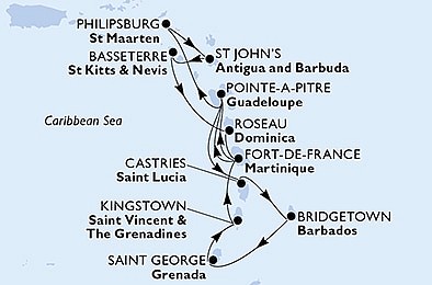 Barbados, Grenada, Svatý Vincenc a Grenadiny, Svatý Kryštof a Nevis, Dominika, Svatá Lucie z Bridgetownu na lodi MSC Seaside