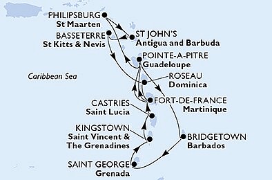 Guadeloupe, Svatý Martin, Antigua a Barbuda, Svatý Kryštof a Nevis, Dominika, Martinik, Barbados, Grenada, ... na lodi MSC Seaside