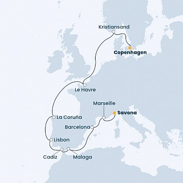Dánsko, Norsko, Francie, Španělsko, Portugalsko, Itálie z Kodaně na lodi Costa Firenze