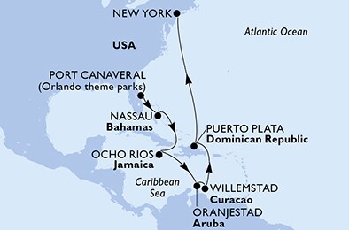 USA, Bahamy, Jamajka, Aruba, Curacao, Dominikánská r., USA - Východní pobřeží z Port Canaveralu na lodi MSC Meraviglia