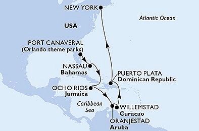 USA, Bahamy, Jamajka, Aruba, Curacao, Dominikánská r., USA - Východní pobřeží z Port Canaveralu na lodi MSC Meraviglia