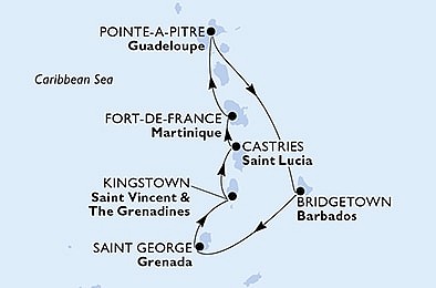 Guadeloupe, Barbados, Grenada, Svatý Vincenc a Grenadiny, Svatá Lucie, Martinik z Pointe-é-Pitre, Guadeloupe na lodi MSC Seaside