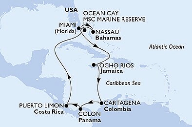 USA, Jamajka, Kolumbie, Panama, Kostarika, Bahamy z Miami na lodi MSC Divina