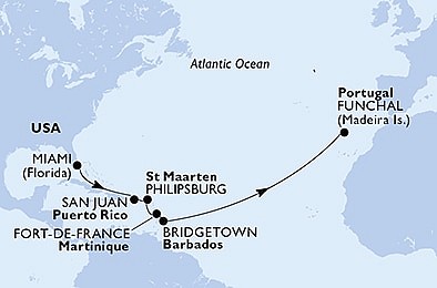 USA, Svatý Martin, Martinik, Barbados, Portugalsko z Miami na lodi MSC Divina