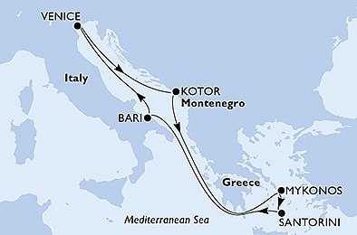 Itálie, Černá Hora, Řecko z Bari na lodi MSC Armonia