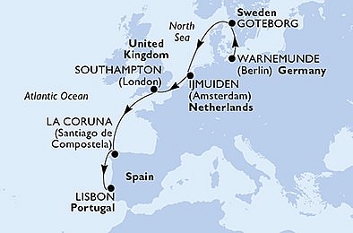 Německo, Švédsko, Nizozemsko, Velká Británie, Španělsko, Portugalsko z Warnemünde na lodi MSC Poesia