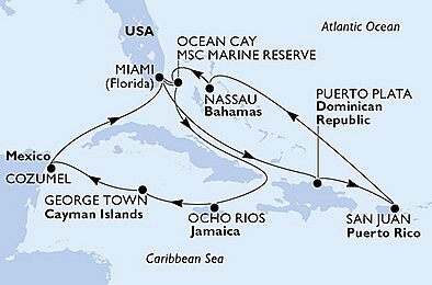 USA, Bahamy, Jamajka, Kajmanské ostrovy, Mexiko, Dominikánská republika z Miami na lodi MSC Seascape