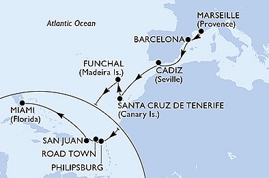 Francie, Španělsko, Portugalsko, Svatý Martin, Britské Panenské ostrovy, USA z Marseille na lodi MSC Magnifica