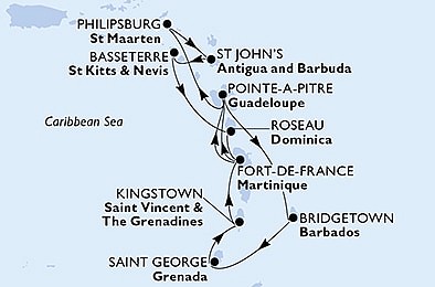 Barbados, Grenada, Sv. Vincenc a Grenadiny, Martinik, Guadeloupe, Sv. Martin, Antigua a Barbuda, ... z Bridgetownu na lodi MSC Seaside