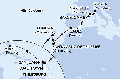 Itálie, Francie, Španělsko, Portugalsko, Svatý Martin, Britské Panenské ostrovy, USA z Janova na lodi MSC Magnifica