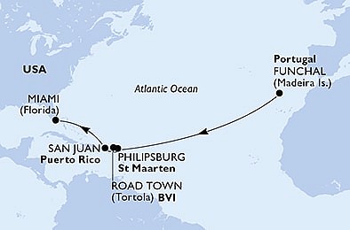 Portugalsko, Svatý Martin, Britské Panenské ostrovy, USA z Funchalu na lodi MSC Magnifica