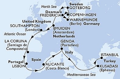 Dánsko, Německo, Švédsko, Nizozemsko, Velká Británie, Španělsko, Portugalsko, Itálie, Turecko z Kodaně na lodi MSC Poesia