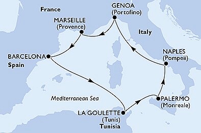 Španělsko, Tunisko, Itálie, Francie z Barcelony na lodi MSC Opera