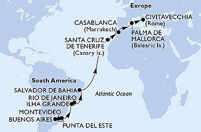 Uruguay, Argentina, Brazílie, Španělsko, Maroko, Itálie z Montevidea na lodi MSC Musica