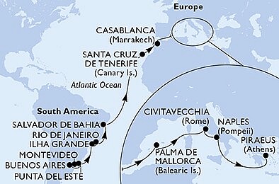 Uruguay, Argentina, Brazílie, Španělsko, Maroko, Itálie, Řecko z Montevidea na lodi MSC Musica