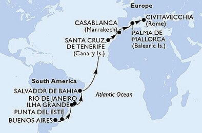 Argentina, Uruguay, Brazílie, Španělsko, Maroko, Itálie z Buenos Aires na lodi MSC Musica