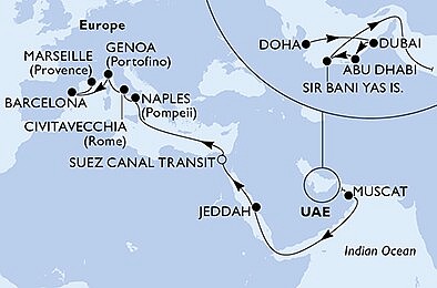 Katar, Spojené arabské emiráty, Omán, Saúdská Arábie, Egypt, Itálie, Španělsko, Francie z Dohy na lodi MSC World Europa