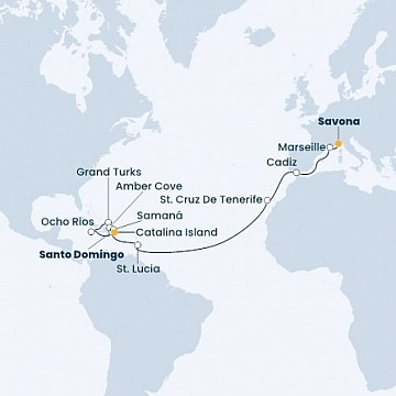 Itálie, Francie, Španělsko, Svatá Lucie, Dominikánská republika Zámořské území Velké Británie ze Savony na lodi Costa Pacifica