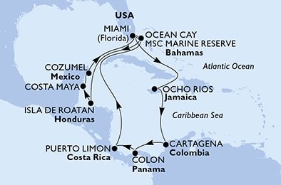 USA, Bahamy, Honduras, Mexiko, Jamajka, Kolumbie, Panama, Kostarika z Miami na lodi MSC Divina, plavba s bonusem
