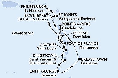 Guadeloupe, Sv. Martin, Antigua a Barbuda, Sv. Kryštof a Nevis, Dominika, Martinik, ... na lodi MSC Seaside, plavba s bonusem