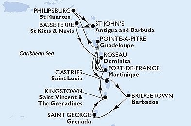 Guadeloupe, Sv. Martin, Antigua a Barbuda, Sv. Kryštof a Nevis, Dominika, Martinik, Sv. Lucie, ... na lodi MSC Seaside, plavba s bonusem