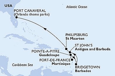 Martinik, Guadeloupe, Barbados, Antigua a Barbuda, Sv. Martin, USA z Fort-de-France, Martinik na lodi MSC Seaside, plavba s bonusem