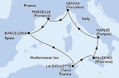 Tunisko, Itálie, Francie, Španělsko z La Goulette na lodi MSC Opera