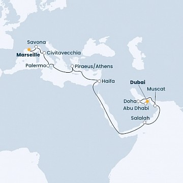Francie, Itálie, Řecko, Izrael, Omán, Katar, Spojené arabské emiráty z Marseille na lodi Costa Toscana