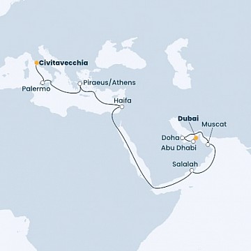 Itálie, Řecko, Izrael, Omán, Katar, Spojené arabské emiráty z Civitavecchia na lodi Costa Toscana
