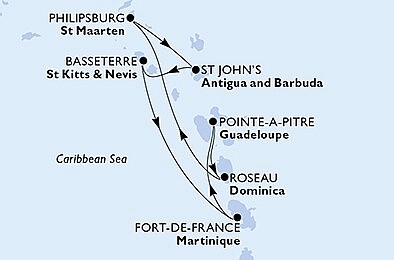 Martinik, Guadeloupe, Dominika, Svatý Martin, Antigua a Barbuda, Svatý Kryštof a Nevis z Fort-de-France, Martinik na lodi MSC Seaside
