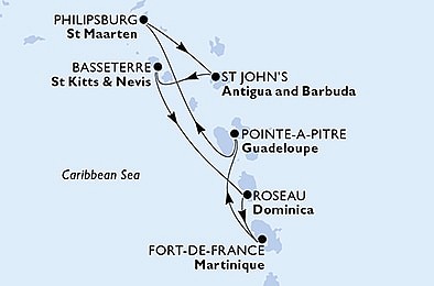 Martinik, Guadeloupe, Svatý Martin, Antigua a Barbuda, Svatý Kryštof a Nevis, Dominika z Fort-de-France, Martinik na lodi MSC Seaside