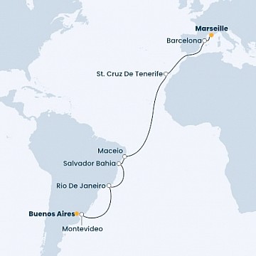 Francie, Španělsko, Brazílie, Uruguay, Argentina z Marseille na lodi Costa Fascinosa