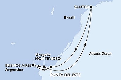 Brazílie, Uruguay, Argentina ze Santosu na lodi MSC Preziosa