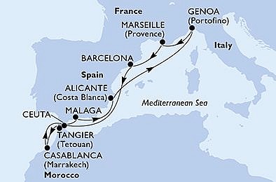 Z Janova do Maroka a zpět na lodi MSC Lirica, plavba s českým průvodcem