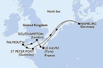 Velká Británie, Korunní závislé území Velké Británie, Německo, Francie ze Southamptonu na lodi MSC Euribia
