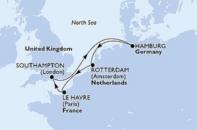Francie, Velká Británie, Německo, Nizozemsko z Le Havru na lodi MSC Euribia