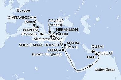 Itálie, Řecko, Egypt, Jordánsko, Omán, Spojené arabské emiráty z Civitavecchia na lodi MSC Virtuosa