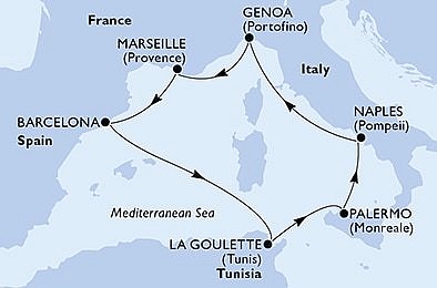 Tunisko, Itálie, Francie, Španělsko z La Goulette na lodi MSC Grandiosa, plavba s bonusem