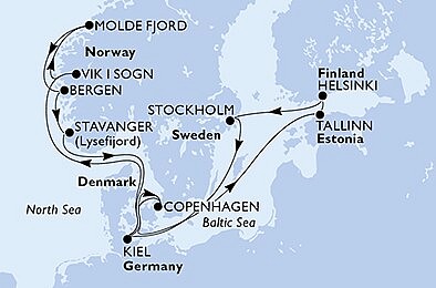Německo, Dánsko, Estonsko, Finsko, Švédsko, Norsko z Kielu na lodi MSC Fantasia