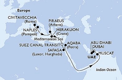 Itálie, Řecko, Egypt, Jordánsko, Omán, Spojené arabské emiráty z Civitavecchia na lodi MSC Virtuosa