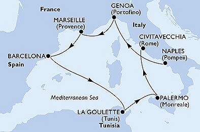 Itálie, Francie, Španělsko, Tunisko z Neapole na lodi MSC Grandiosa